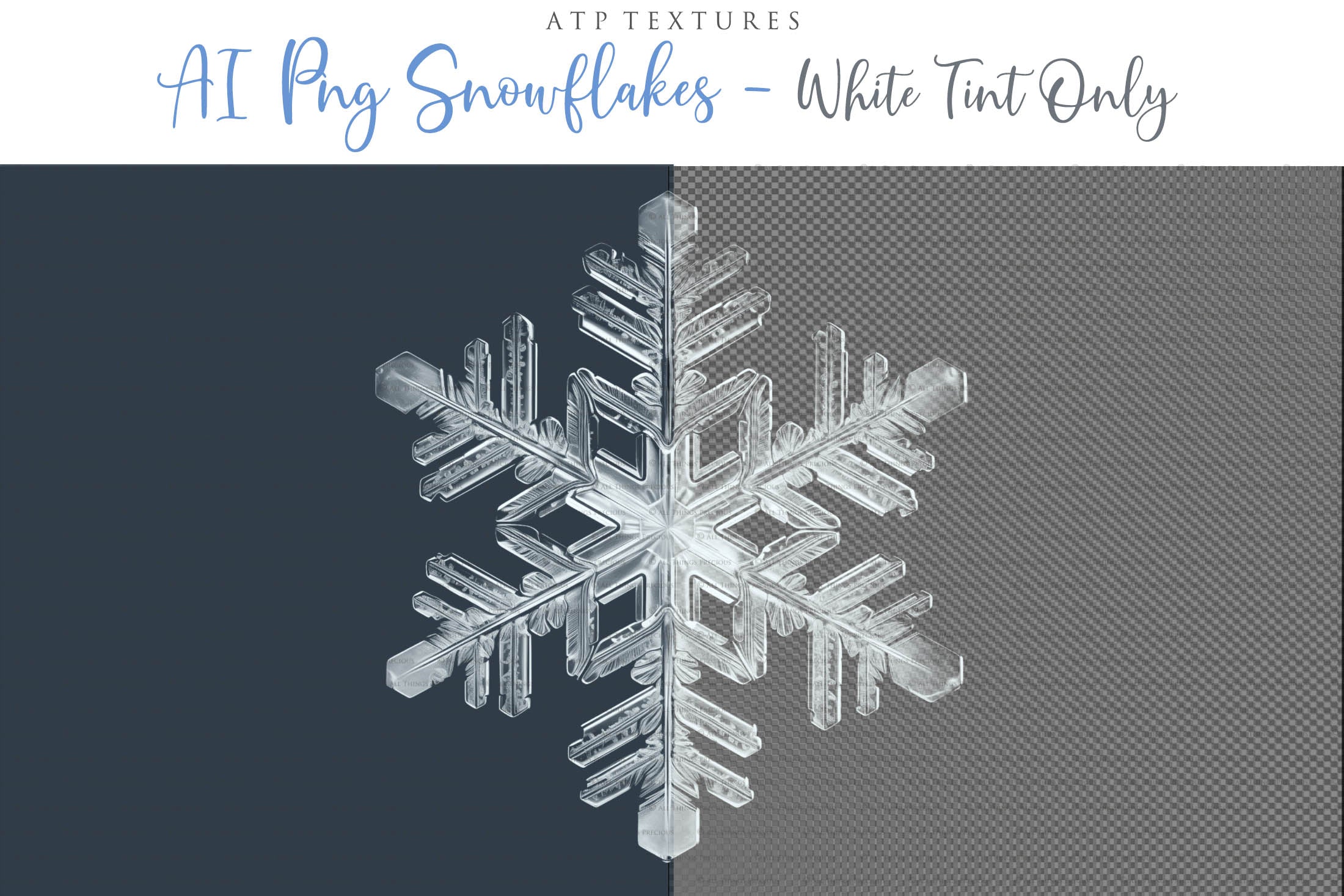 Real Snowflake Overlays & Brushes! A gorgeous addition to your beautiful photography, scrapbooking or digital art work! This set includes 60 Png Overlays 60 Jpeg Overlays 80 Photoshop brushes Instructions are included. All PNG overlays are 300dpi in high resolution.